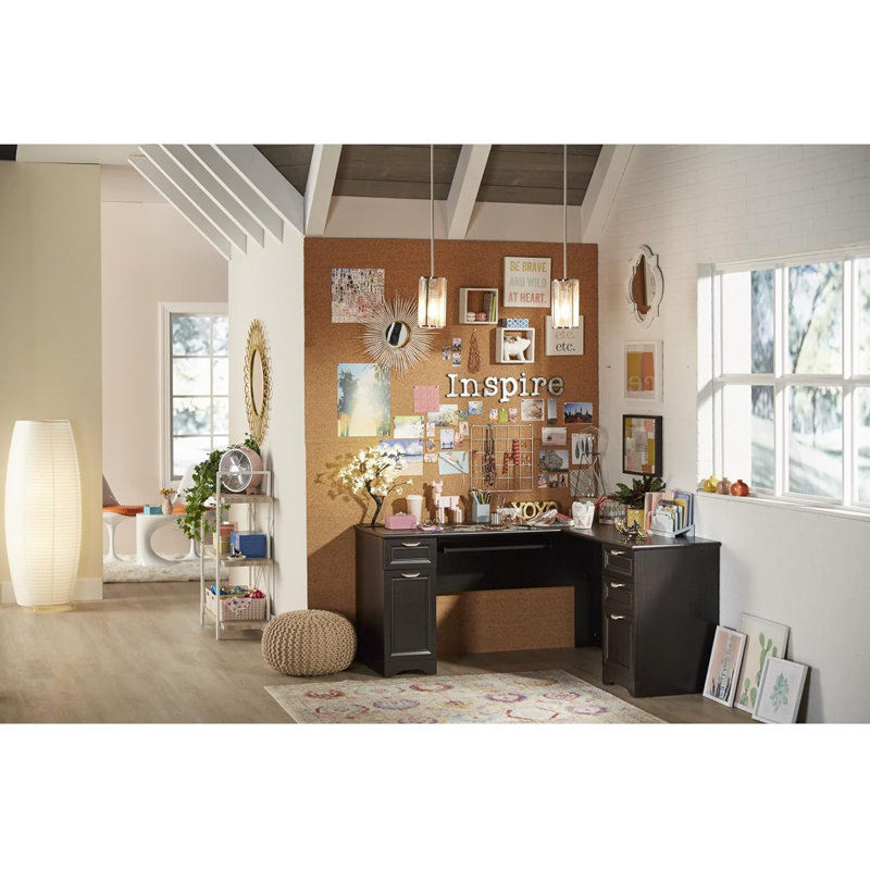 Bureau de direction en L avec classeur mobile, grand bureau d'ordinateur avec tiroirs et tablettes de rangement, brun rustique