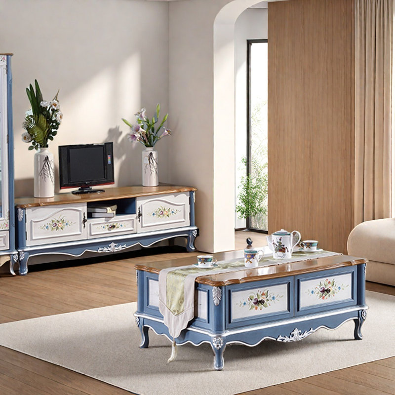 Meuble télé rétro à grain de bois naturel, Bleu / brun, 70.87"
