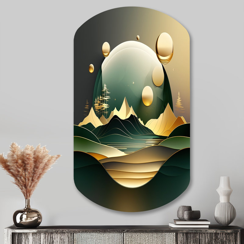«Dreamy Golden Mountain III», art mural en métal asymétrique en marbre, impression d'art moderne cylindrique sur métal