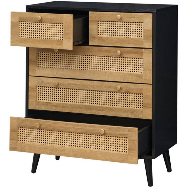 Anisjon & Rattan 3+2 Drawer Chest Of Drawers, Black