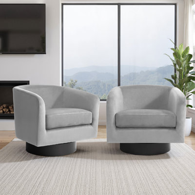 Everett Applewold Upholstered Gray Velvet Swivel Barrel Chair with Solid Wood Base
