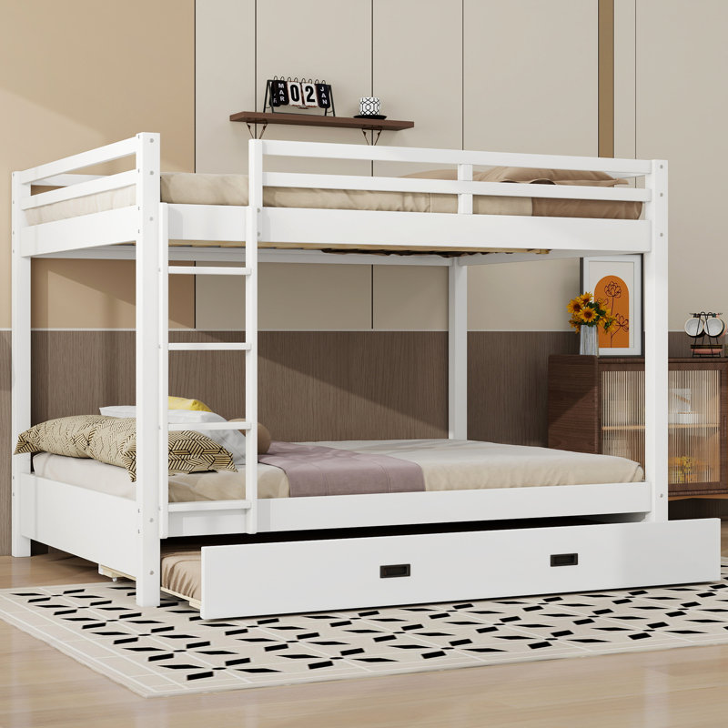 Queen Over Queen Bunk Bed With Trundle, White