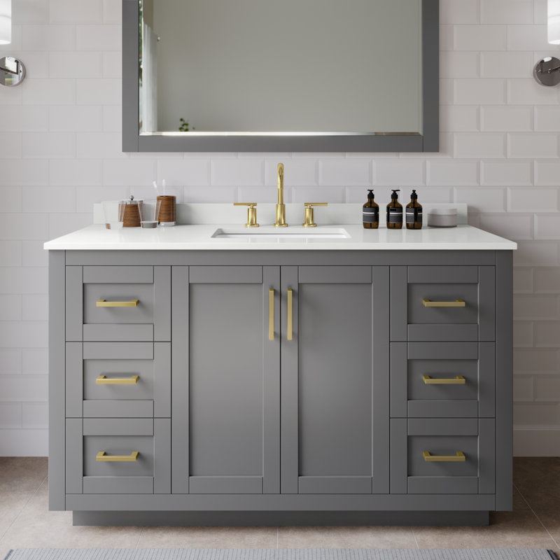 Miranda 54" Freestanding Single Bathroom Vanity with Quartz Top, White Quartz, Dark Gray, Brushed Gold
