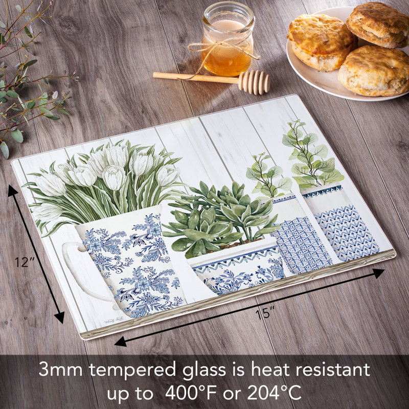 Blue & White Floral Tempered Glass Cutting Board 15" x 12"