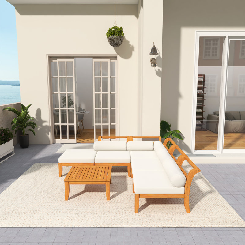 Ensemble de meubles de jardin 6 pièces, canapé modulaire en L en bois d'acacia avec lit de jour convertible, table de thé et repose-pieds