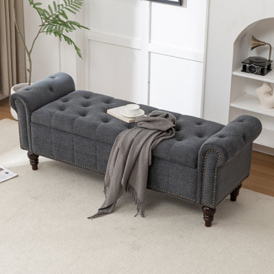 59" Wide Upholstered Storage Bench with Solid Wood Legs & Nailhead Trim