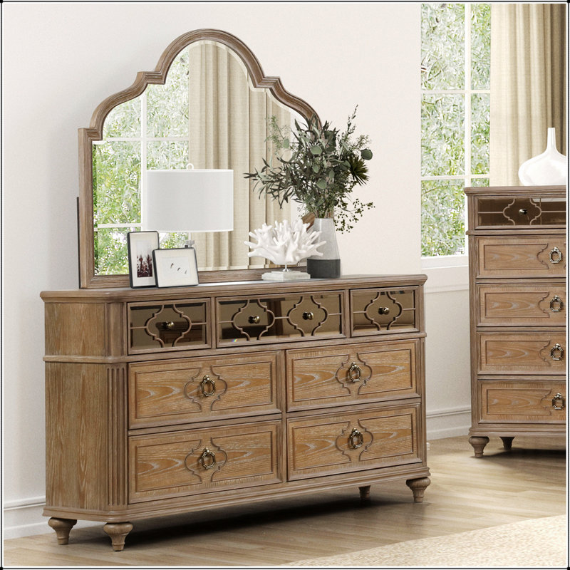 Commode simple contemporaine 1 pièce avec placage de chêne rustique, bois massif, tiroirs en queue d'aronde et panneau de miroir avant pour la chambre à coucher