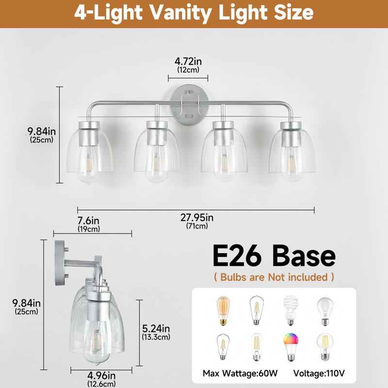 Applique murale industrielle 28 po à 4 lumières 28 po avec miroir, Argent