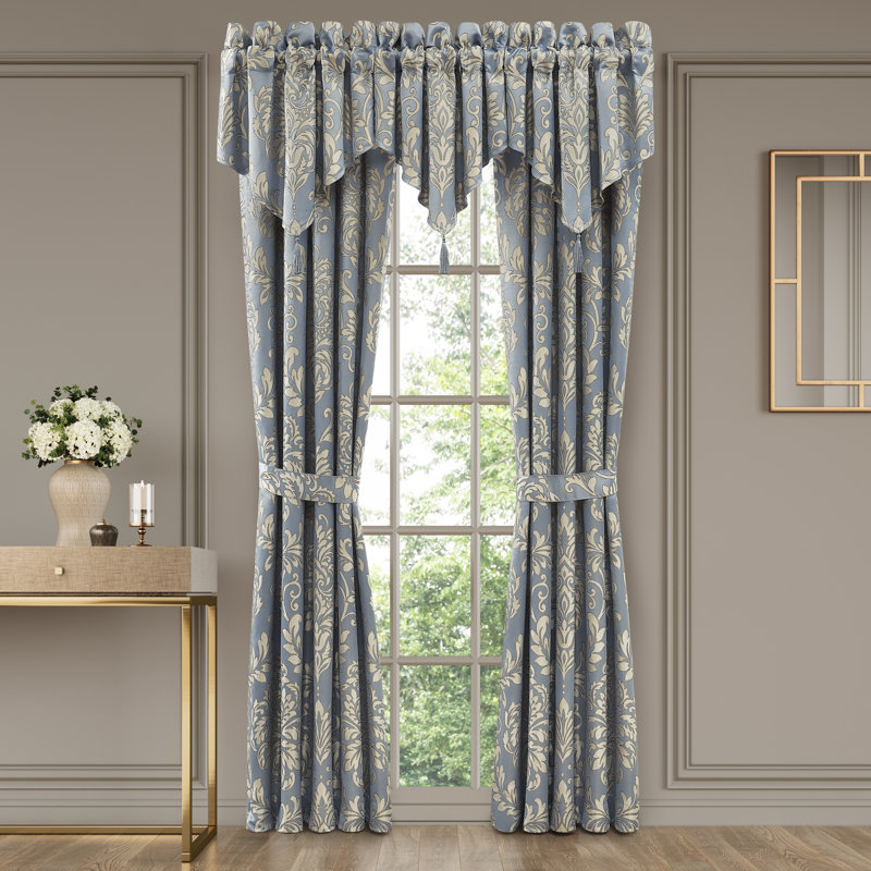 Elegant Blue and Cream Damask Window Scarf with Tassel Trim