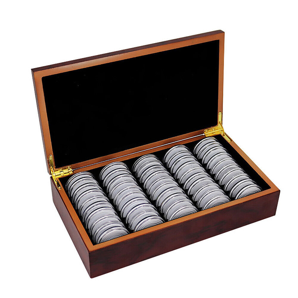 50Pcs 46MM Coin Capsules Storage Box w/ Wooden Case Holders Collection Display