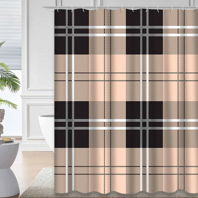 Fabric Diagonal Tartan Abstract Black Shower Curtain with 12 Hooks, 72" L x 78" W