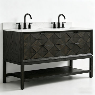 60"  Freestanding Double Sink Dark Solid Wood Brown Oak Bathroom Vanity with Engineered Marble Top