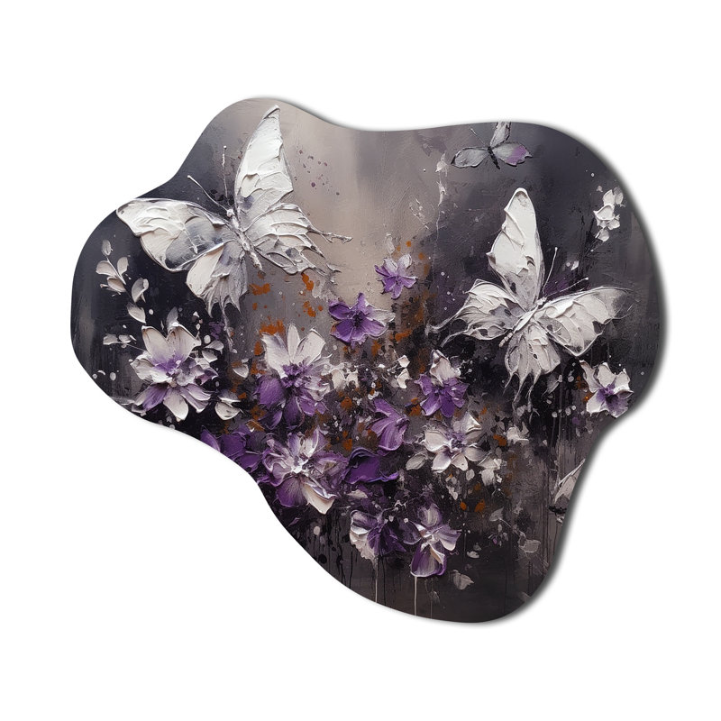 Purple And White Butterfly Wings And Flowers - Cloud Floral Metal Wall Art, Asymmetrical Metal Wall Sculpture Print