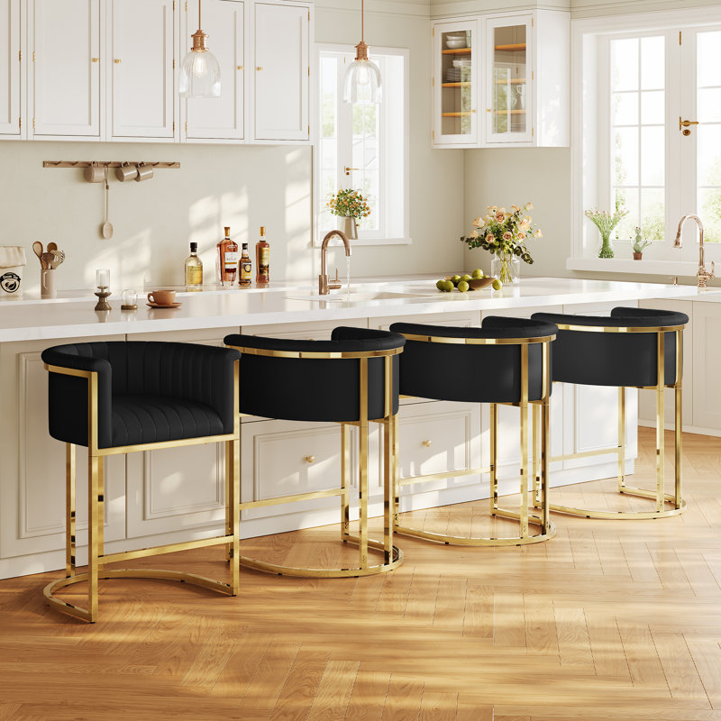 26" Counter Height Bar Stool Barrel Counter Stool With Backrest,Black PU Leather Golden Metal, Gold, Black Faux Leather