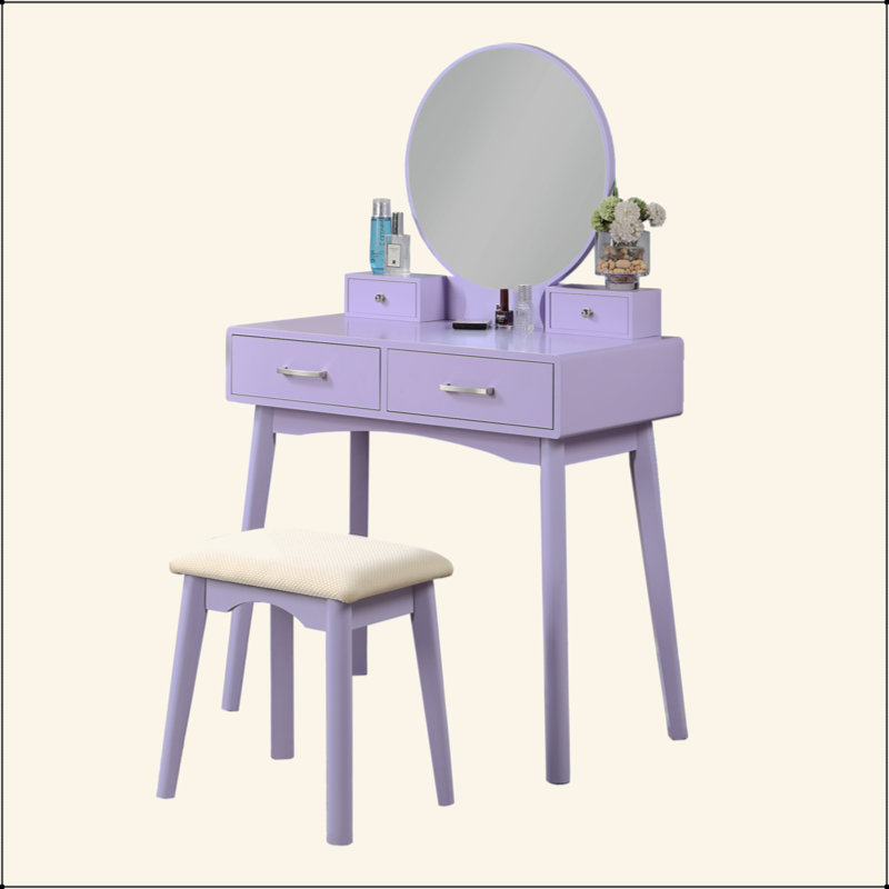 Ensemble de coiffeuse et tabouret contemporain en bois avec 2 tiroirs, Mauve