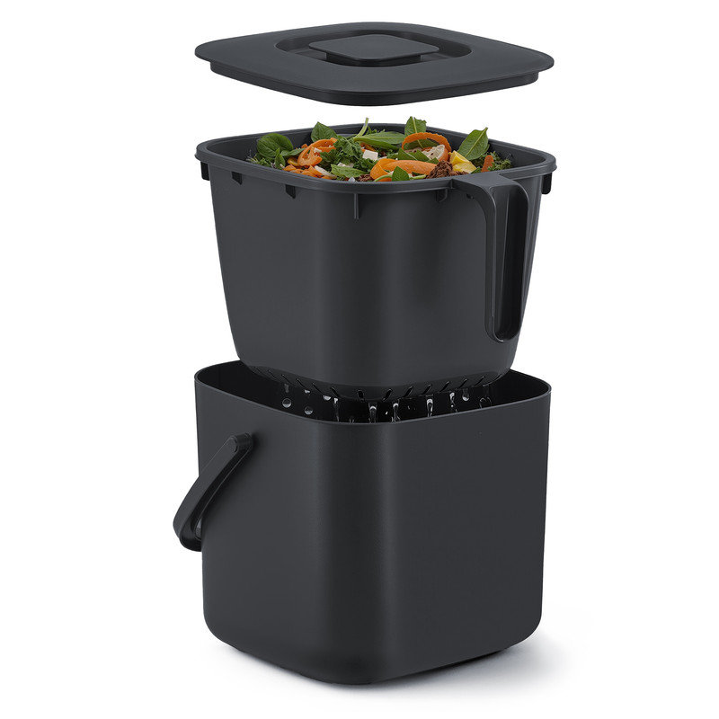 Compost Bin, PP Plastic Kitchen Food Waste Caddy, Worktop Bin with Lid and Strainer Basket, Odour-Proof, 7 L, 24 x 20 x 19.5 cm, Black, Leos Collection
