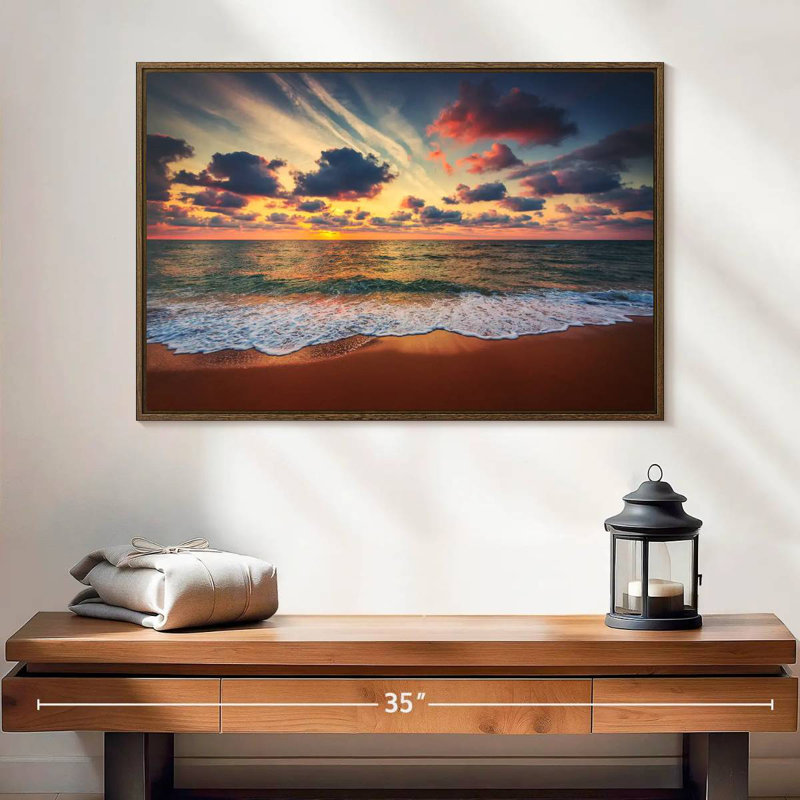 Coucher de soleil d'été, 25 po x 17 po, Cadre flottant noyer