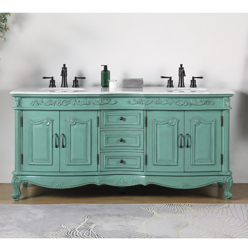 Green Double Freestanding Bathroom Vanity with Carrara Marble Top
