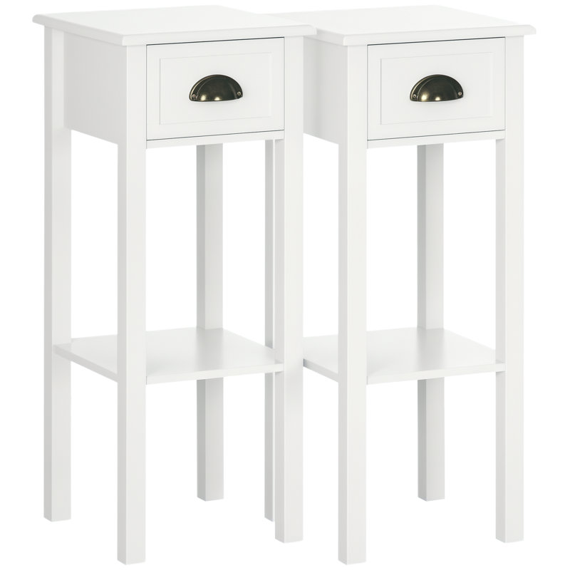 Table de bout à 2 niveaux Red Barrel Studio®, ensemble de 2, table de bout étroite avec tiroir et tablette, table de chevet mince en bois pour le salon, la chambre à coucher, le couloir, blanc