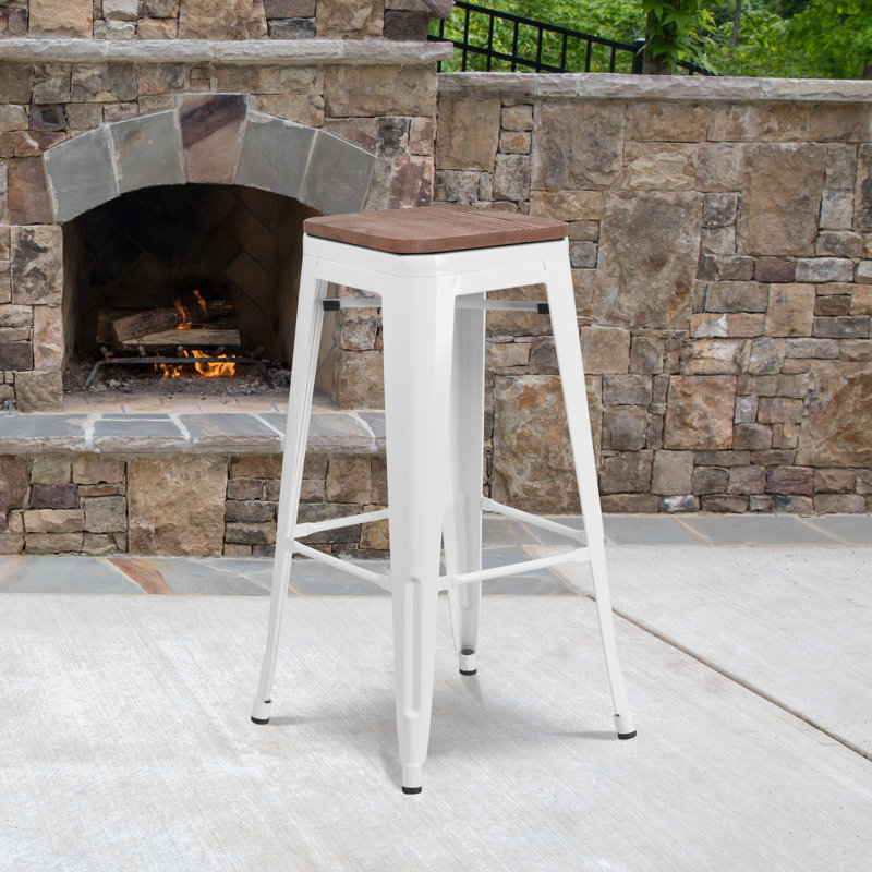 Tabouret de bar en métal sans dossier de 30 po de hauteur avec siège carré en bois Margherite, Blanc, 30"