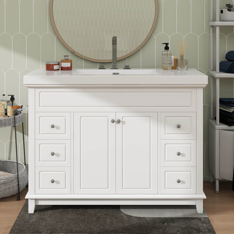 Meuble-lavabo de 46 po sans lavabo, unité de rangement de salle de bain avec 2 portes à fermeture silencieuse et 6 tiroirs, portes doubles équipées de tablettes à 2 niveaux