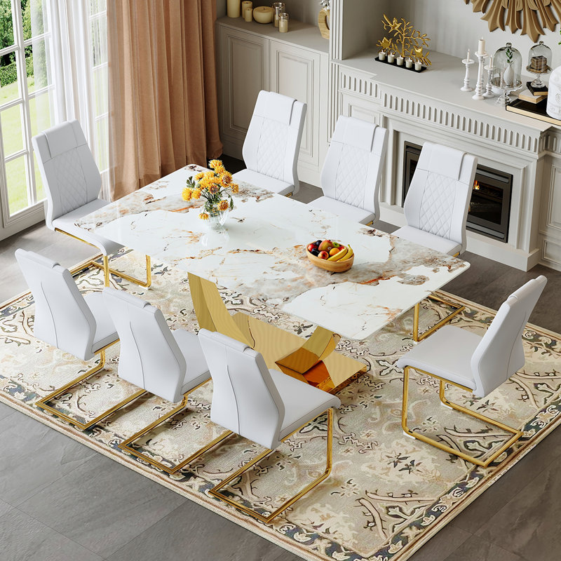 71" Modern Dining Table Set With PU Leather Chairs, Rectangular Table With Gold Metal Base For Dining Room Or Kitchen, White