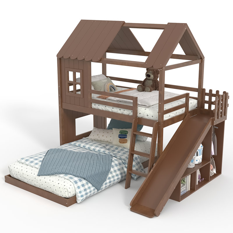 House-Style Wooden Bunk Bed with Slide, Storage Shelves & Wardrobe, Antique Natural