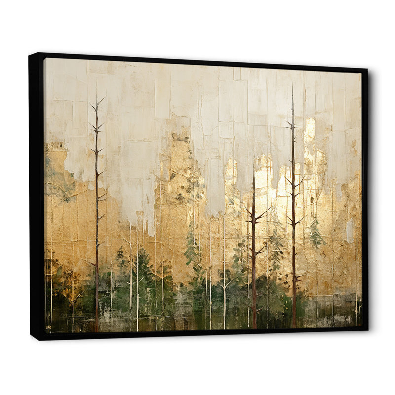 «Minimalisme beige et or forêt I», art mural sur toile forêt, H 24 po x l 32 po x P 1 po, Cadre flottant noir