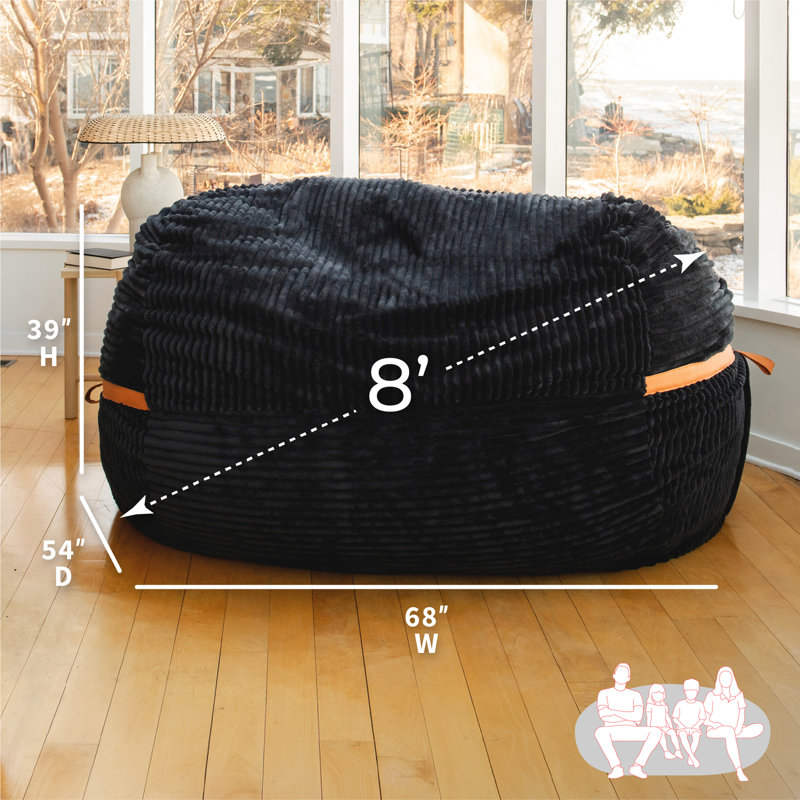 Big Joe Fuf 8Ft Giant Foam Bean Bag Chair, Oversized Couch with Removable Cover for Kids, Teens, Adults, Black Licorice Corded Plush, 8 foot