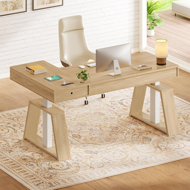 L-Shaped Electric Standing Desk With Drawers, 59" Executive Adjustable Height Desk With Power Outlets, Sit Stand Computer Table For Home Office, Oak