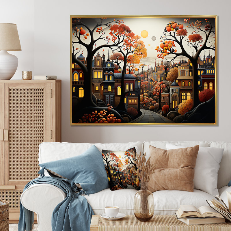 Cozy village in Autumn Moonlit I - Art mural art déco urbain, Cadre doré à coins fermés, H 30 po x l 40 po x P 1,5 po