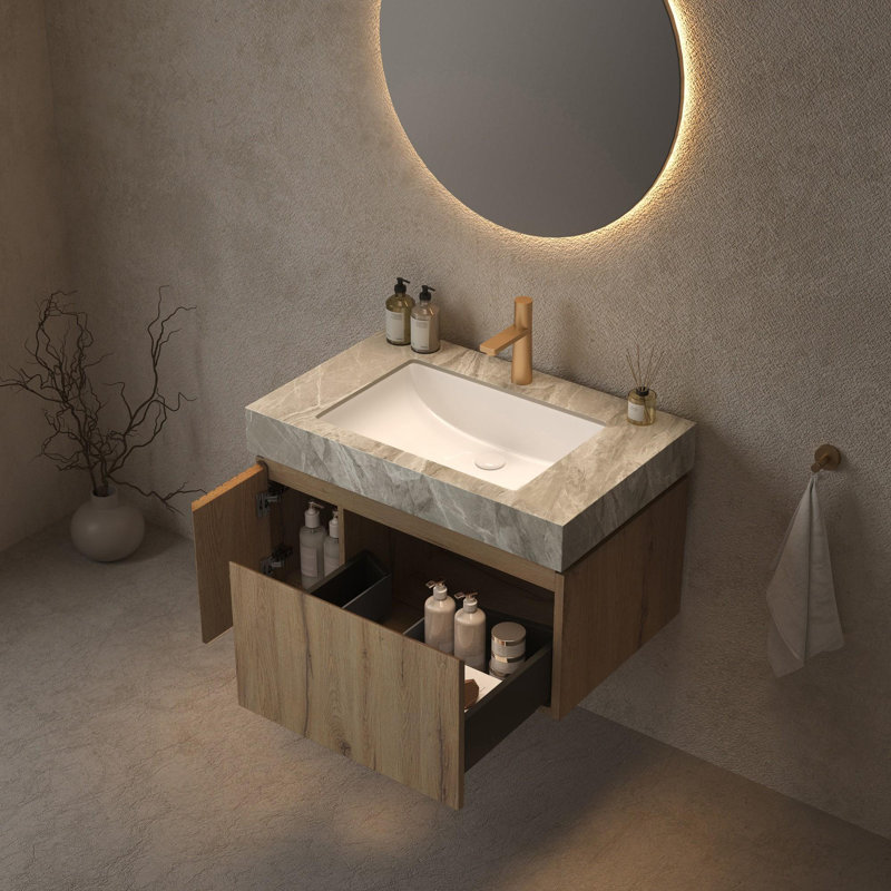 Meuble-lavabo mural simple 30 po avec lavabo, Chêne blanc