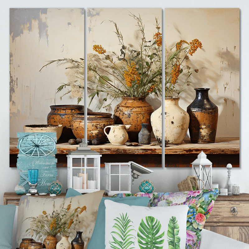 Art floral brun, poterie rétro, art mural Boho, H 28 po x l 36 po x P 1 po, Toile tendue