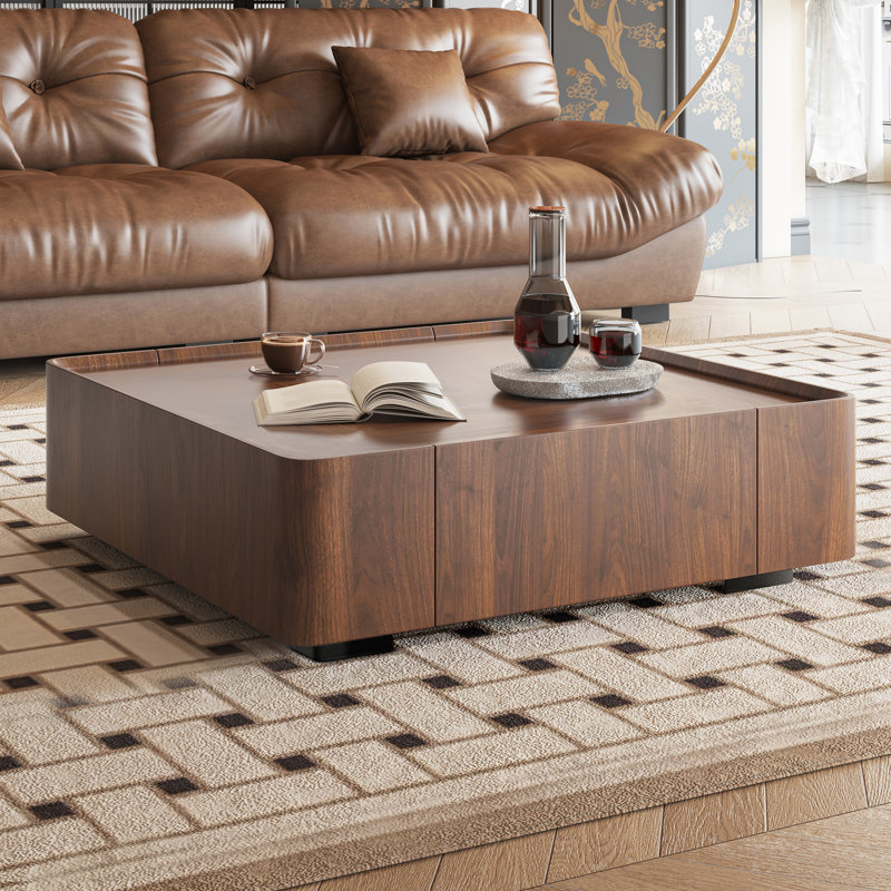 Table basse carrée moderne en noyer avec tiroirs de rangement, table MinimalistCenter pour le salon et le bureau personnel, 2 tiroirs