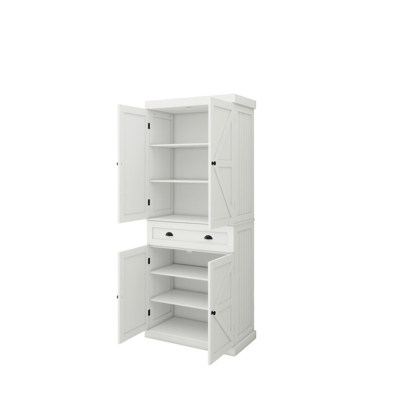 Armoire de rangement blanche de 71 po pour cuisine. 4 portes, tiroir, 2 tablettes réglables. Maximise la salle à manger, le salon et la cuisine.