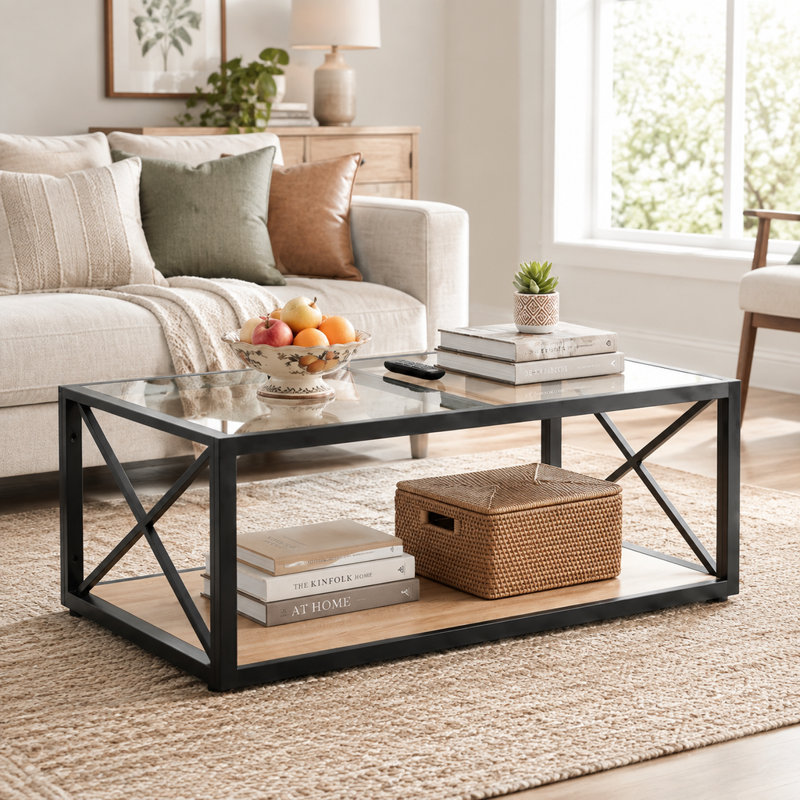 Table basse moderne avec dessus en verre trempé et bois naturel MDF pour salon et chambre