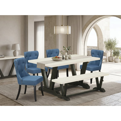 6-Piece Dining Set Includes a Linen White (Off-White) Rectangular Table a Small bench and 4 Blue Linen Fabric Parson Chairs - Wire Brushed Black Finish