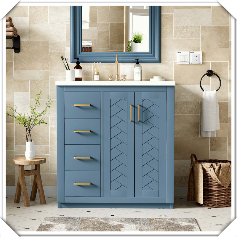 Meuble-lavabo autoportant en bois massif avec tiroirs et portes à fermeture douce, Indigo