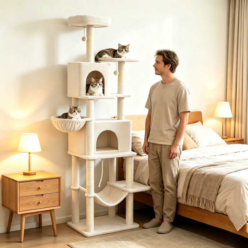 202?cm Tall Multi-Level Cat Tree with 6 Scratching Posts, 2 Hammocks, 2 Condos, 2 Perches & Pompoms, Beige