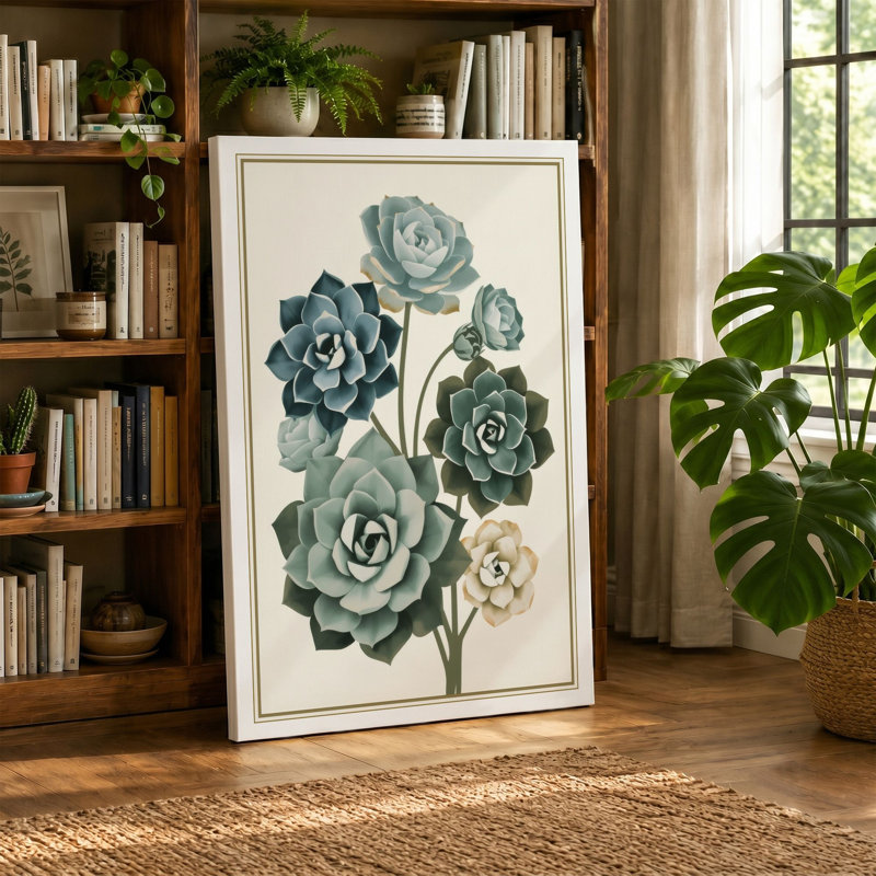 Single Stem in Bloom Botanical - Wrapped Canvas, 24x16 - 61.0 x 40.6 cm, Teal Border