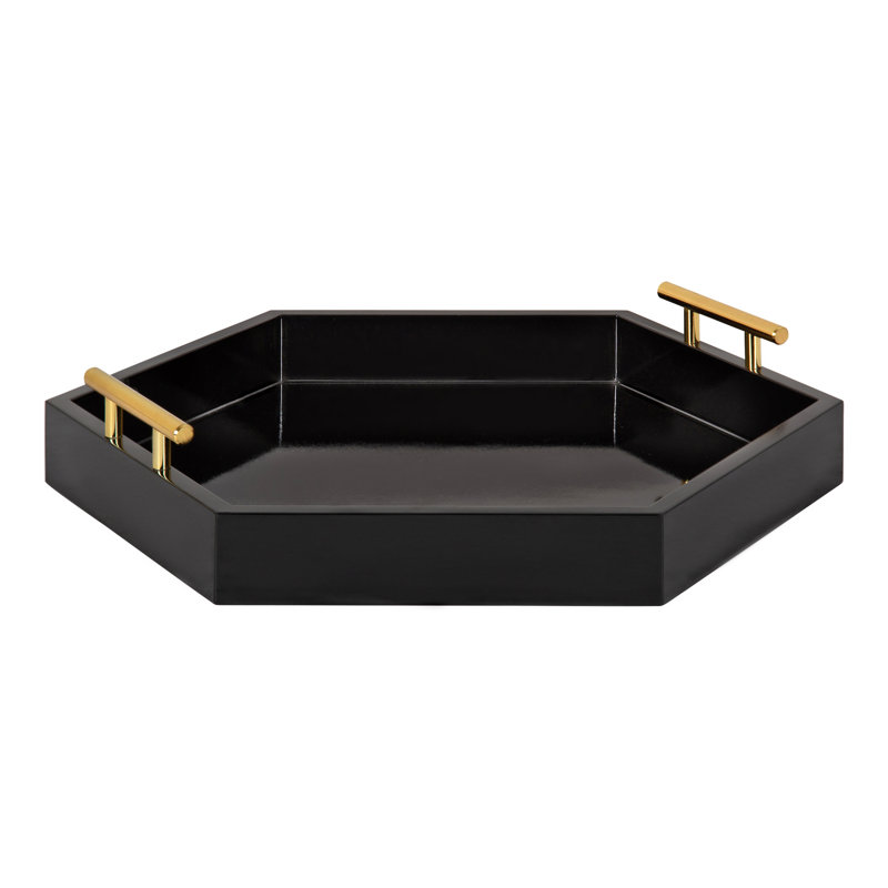Norvan Hexagon Decorative Tray with Metal Handles, Black/Gold