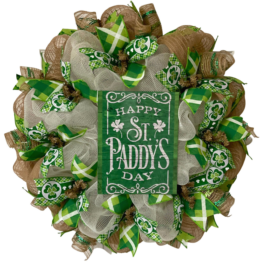 Happy St Paddy's Day Wreath 24 inch diameter Indoor/Outdoor Handmade Deco Mesh The Holiday Aisle®