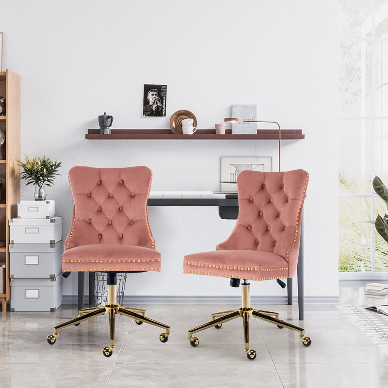 Chaise de bureau en velours et capitonnée, Rose