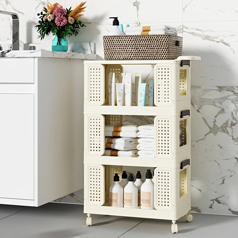 3-Tier Slim Rolling Storage Cart, Foldable Narrow Bathroom Storage Cabinet with Ventilated Shelves, Mobile Open-Shelf Organizer for Small Spaces, Kitchen, Laundry, Bedroom, and Between Toilet (Cream White)
