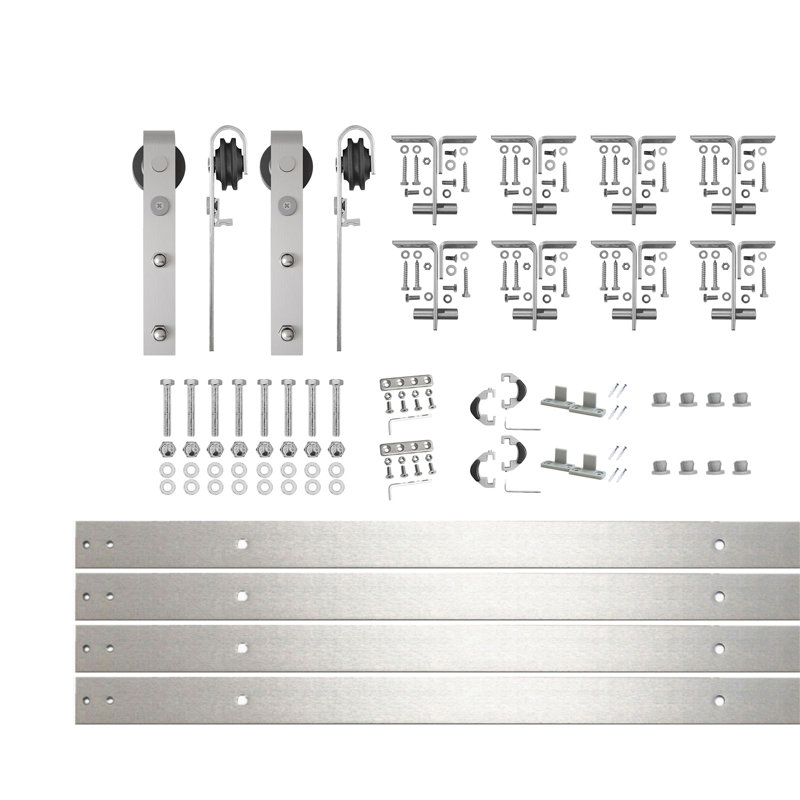 Ensemble de quincaillerie de porte de grange coulissante double / double à deux rails pour montage au plafond en nickel brossé, deux rails plats de 11 pieds de long, pour deux portes intérieures (portes non incluses)