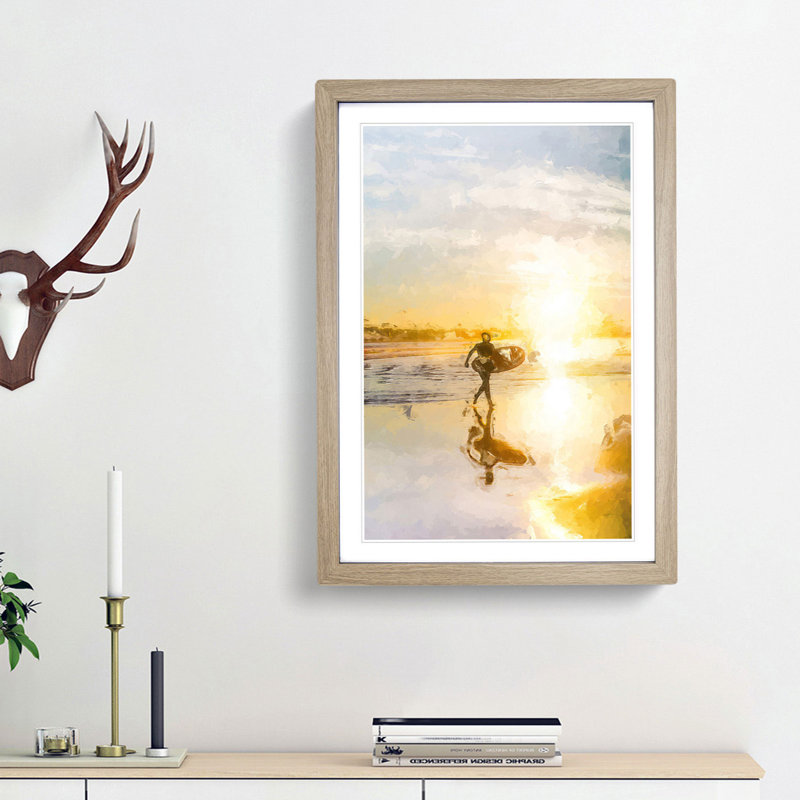 Surfer on a Spanish Beach in Abstract - Picture Frame Graphic Art Print, 48cm H x 36cm W x 2cm D, Oak Framed