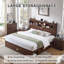 Base de lit très grand Farmhouse avec éclairage à DEL et station de charge, base de lit en bois avec tête de lit avec bibliothèque de rangement de 52 po de hauteur et 4 tiroirs-417610496
