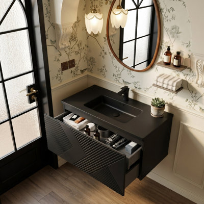 Meuble-lavabo mural simple 36 po avec plateau en pierre de résine noir mat, finition noire encre douce au toucher, armoire à 2 tiroirs, design moderne pour petite salle de bain, hôtel, famille d'accueil et domaine