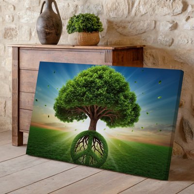 Toile, "Un arbre majestueux avec un tronc épais et une décoration luxuriante et vibrante, un feuillage vert domine le centre de la composition avec ses branches"