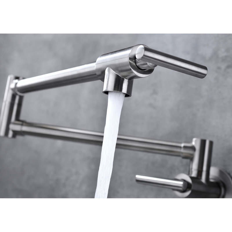 Wall Mount Folding Kitchen Pot Filler Faucet In Brushed Nickel - 360 Spin, Space, Brass, Double Handles For Smooth Water Release, Corrosion Surface Finish Rotatable, Space Design, Precise Control,